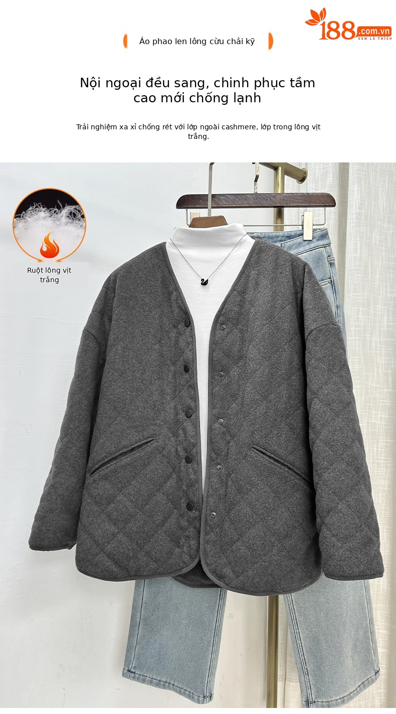 Áo khoác len cardigan nữ lót lông vũ trắng 90% dày dặn mùa đông — mã não màu xám chi tiết 1