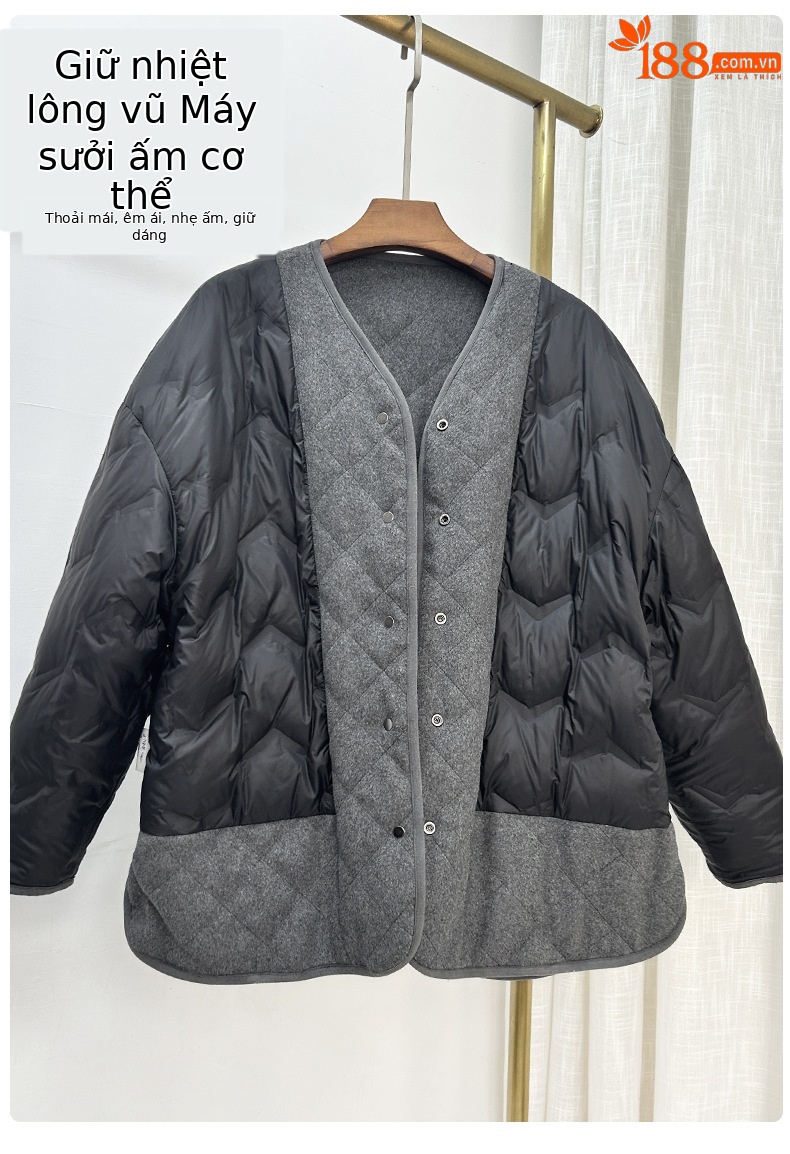 Áo khoác len cardigan nữ lót lông vũ trắng 90% dày dặn mùa đông — mã não màu xám chi tiết 9