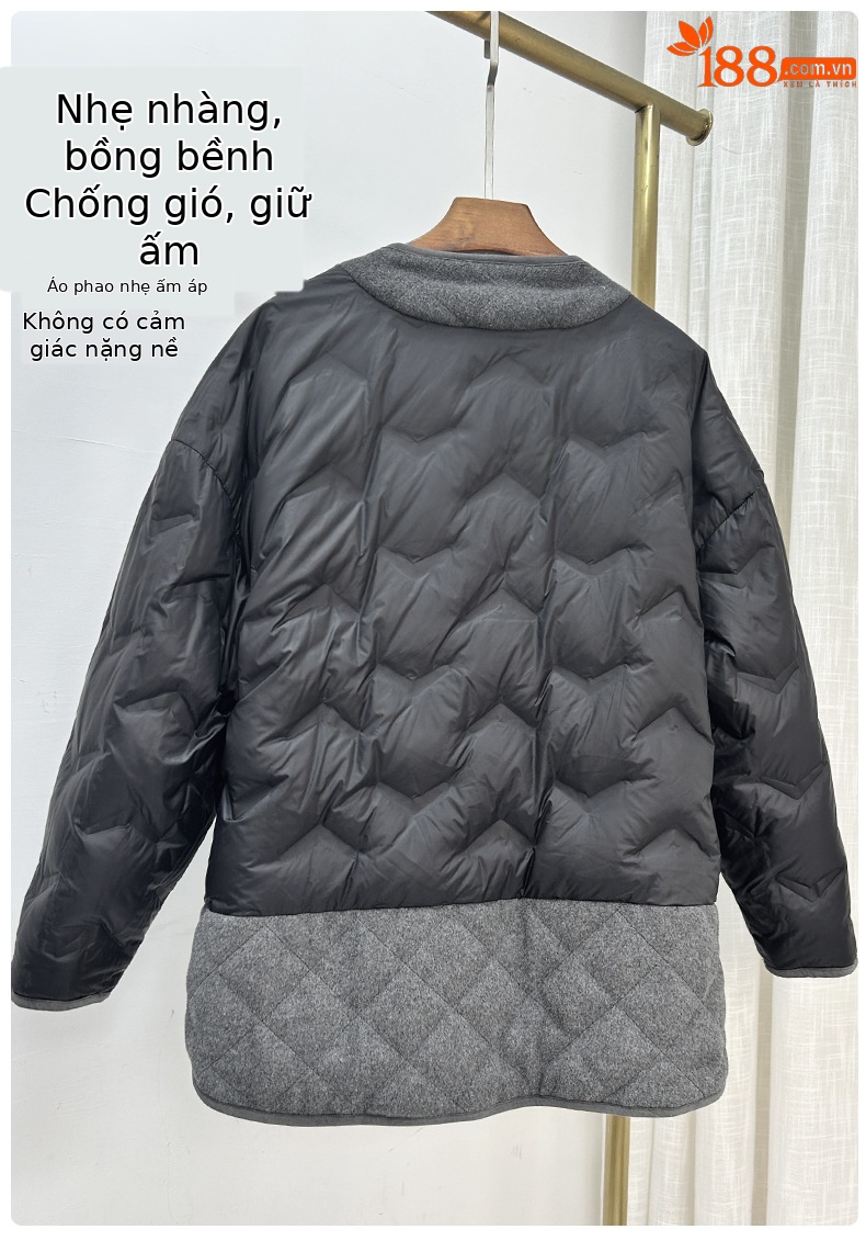 Áo khoác len cardigan nữ lót lông vũ trắng 90% dày dặn mùa đông — mã não màu xám chi tiết 10