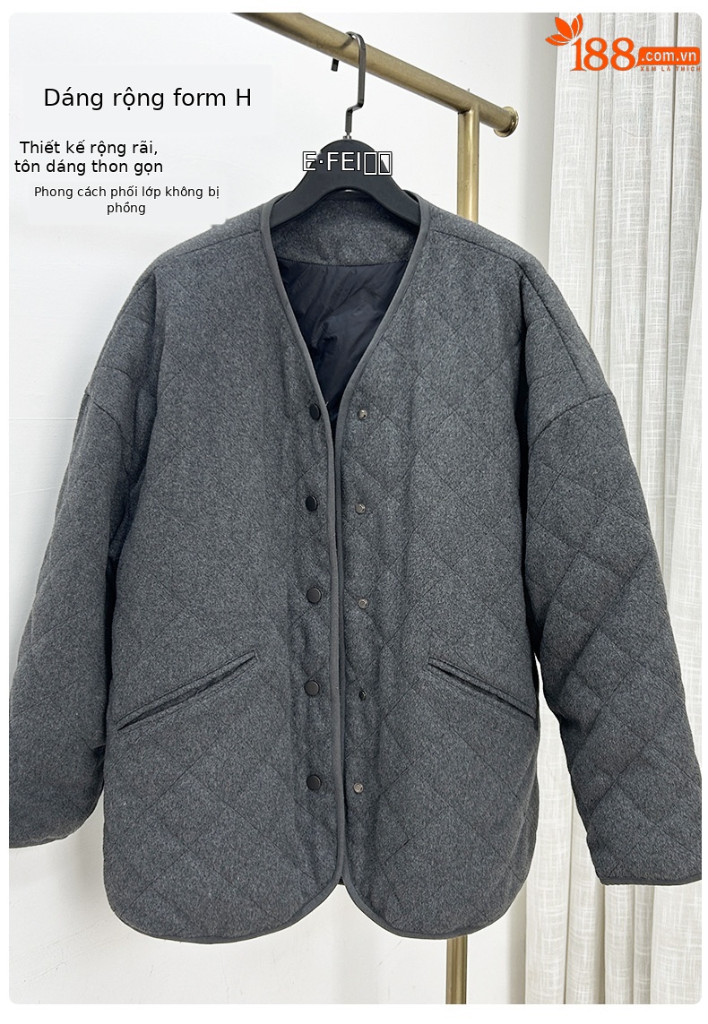 Áo khoác len cardigan nữ lót lông vũ trắng 90% dày dặn mùa đông — mã não màu xám chi tiết 11