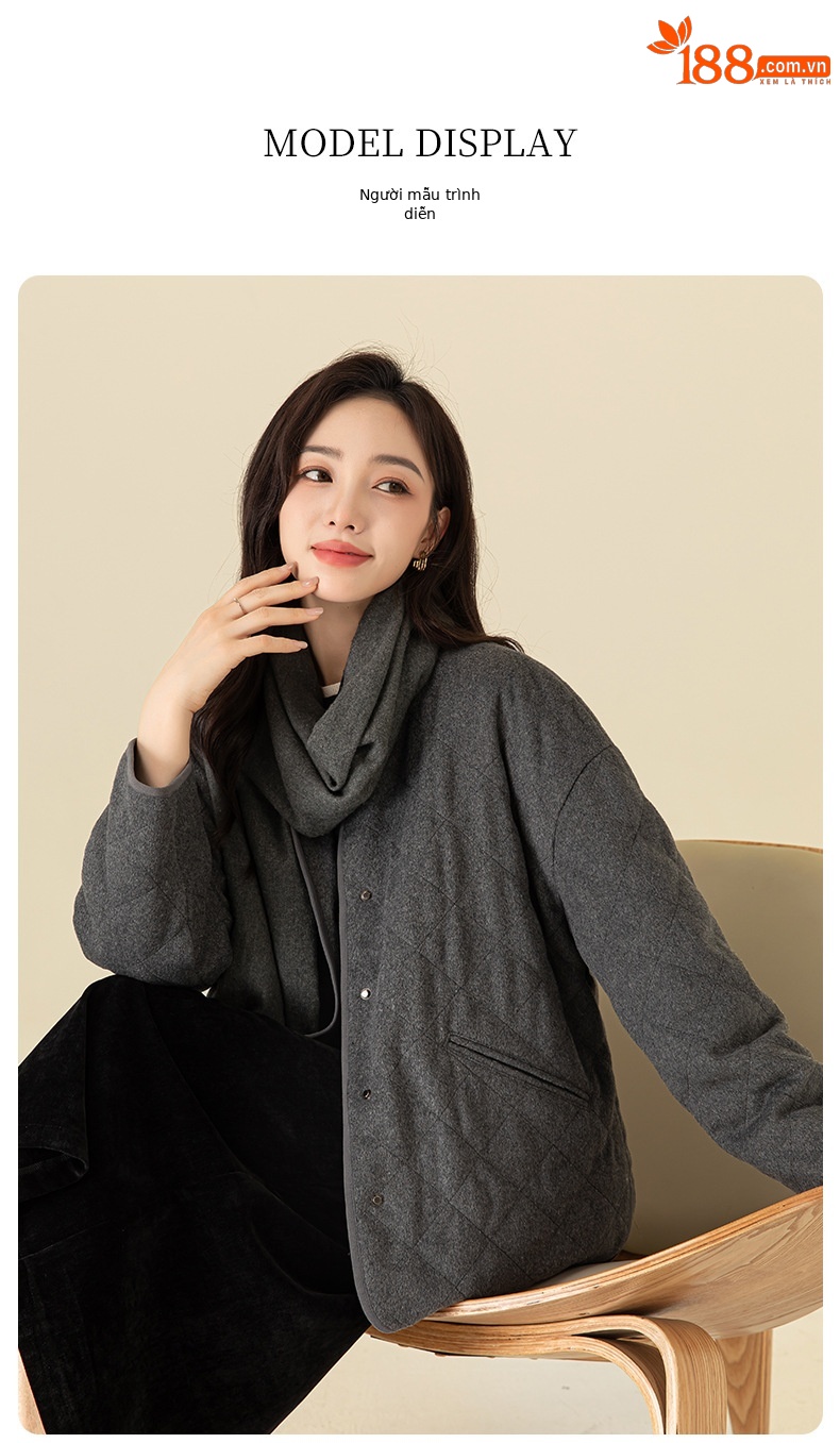 Áo khoác len cardigan nữ lót lông vũ trắng 90% dày dặn mùa đông — mã não màu xám chi tiết 16