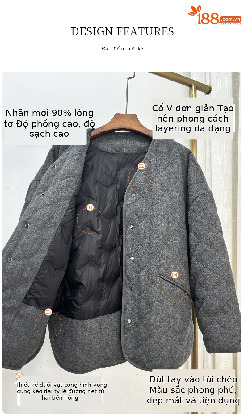 Áo khoác len cardigan nữ lót lông vũ trắng 90% dày dặn mùa đông — mã não màu xám chi tiết 8