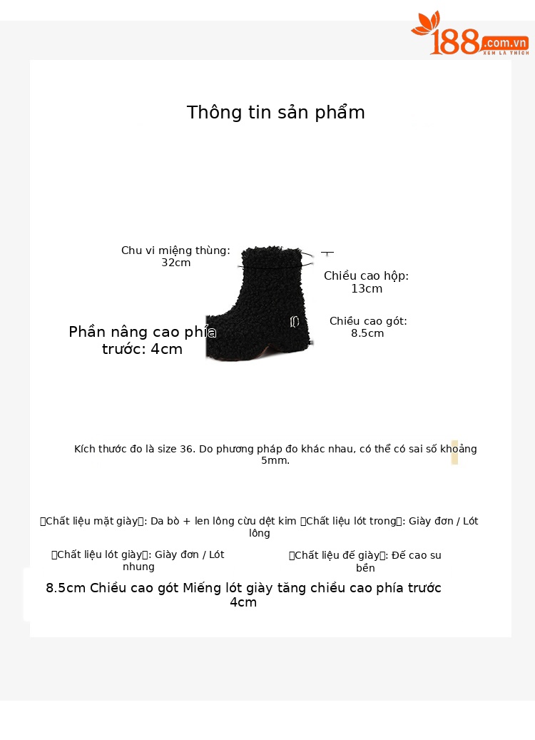 Boot nữ cổ cao lông cừu đế dày giữ ấm mùa đông — Lót nhung đen chi tiết 5