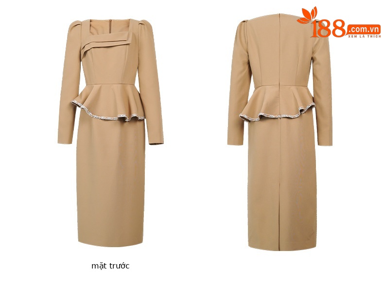 Đầm ôm body nữ cổ vuông tay phồng xếp ly hông — màu đen chi tiết 3