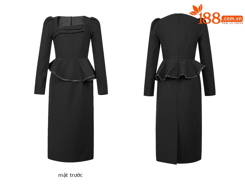 Đầm ôm body nữ cổ vuông tay phồng xếp ly hông — màu đen chi tiết 4