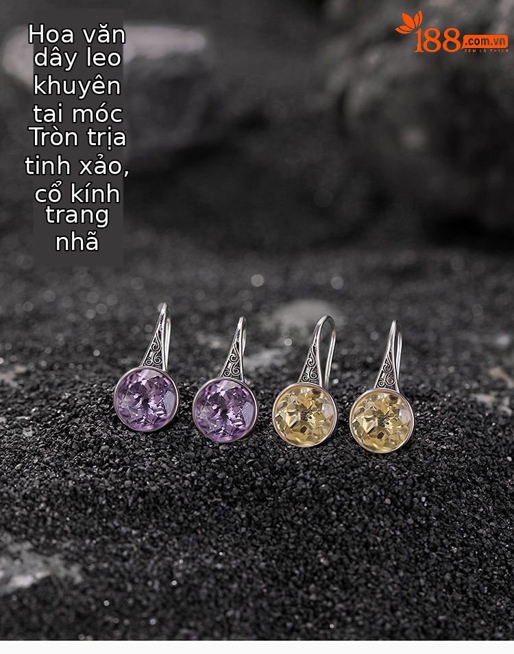 Bông tai bạc S925 đính đá thạch anh tím citrine họa tiết đường cỏ hình học phong cách retro — Mô hình Citrine chi tiết 1