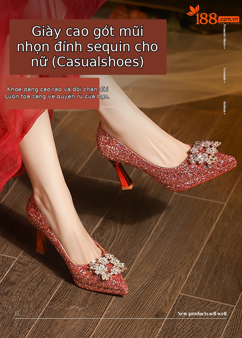 Giày cao gót nữ mũi nhọn đính sequin gót vuông quai ngang — sâm panh chi tiết 1