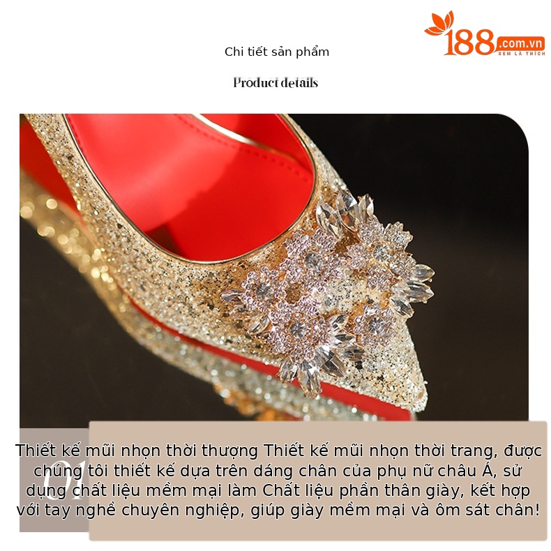 Giày cao gót nữ mũi nhọn đính sequin gót vuông quai ngang — sâm panh chi tiết 4