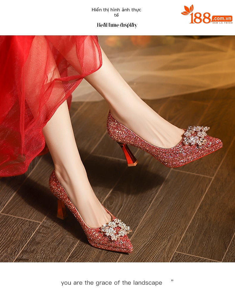Giày cao gót nữ mũi nhọn đính sequin gót vuông quai ngang — sâm panh chi tiết 6