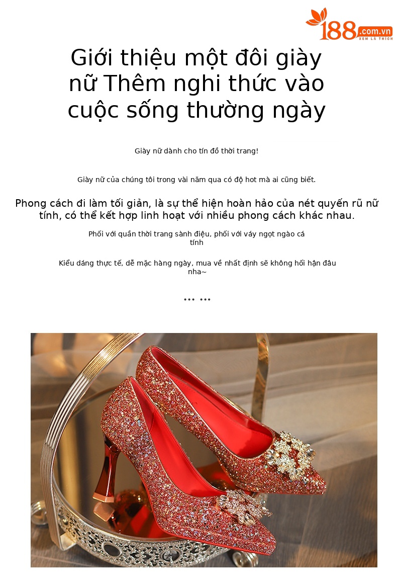 Giày cao gót nữ mũi nhọn đính sequin gót vuông quai ngang — sâm panh chi tiết 2
