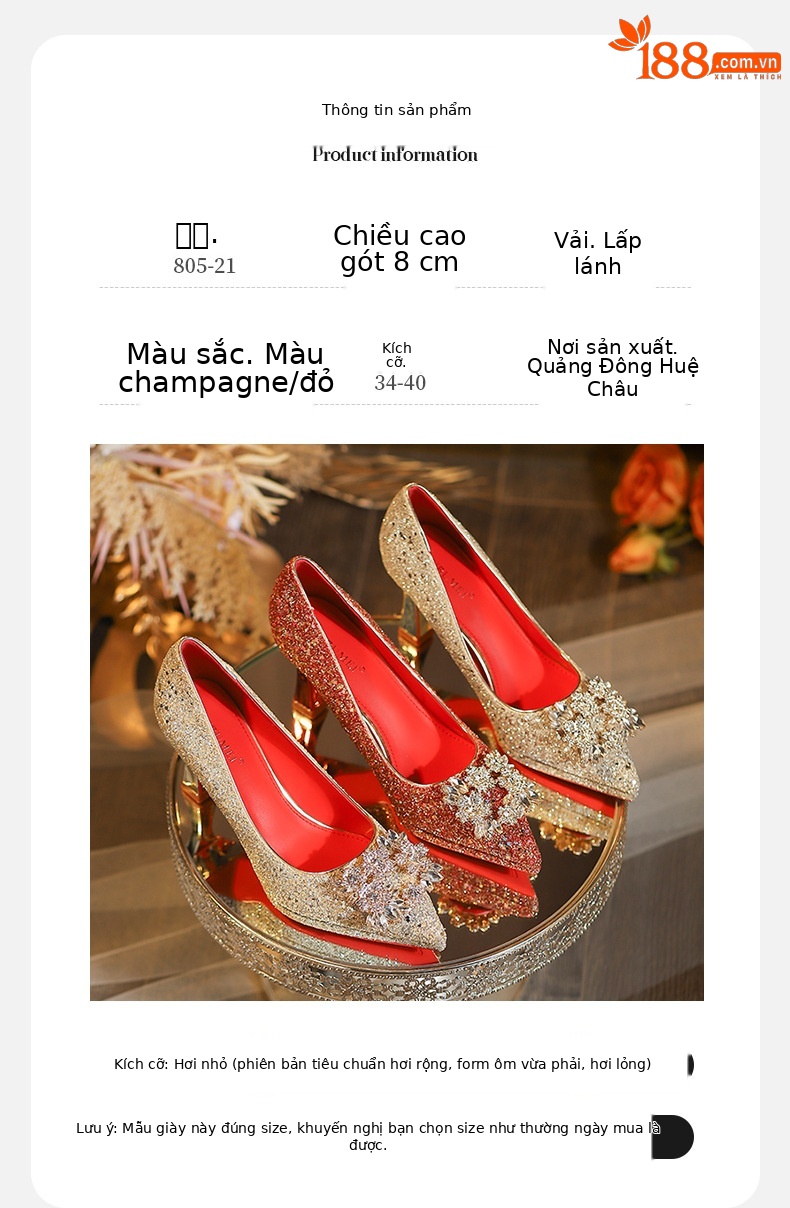Giày cao gót nữ mũi nhọn đính sequin gót vuông quai ngang — sâm panh chi tiết 3