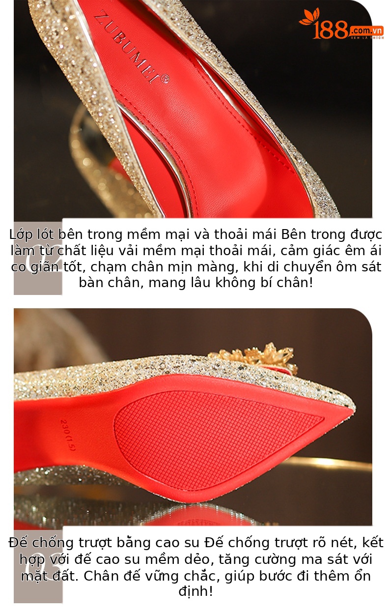 Giày cao gót nữ mũi nhọn đính sequin gót vuông quai ngang — sâm panh chi tiết 5