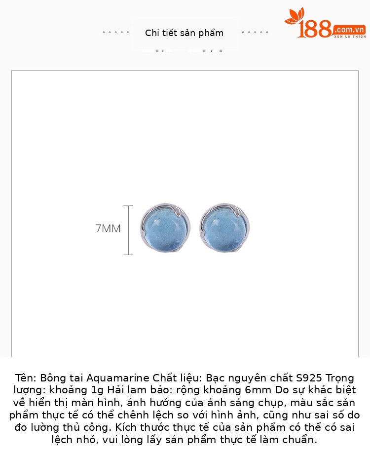 Bông tai bạc S925 đính đá Aquamarine hình lá bạch quả nhỏ — Một cặp chi tiết 2