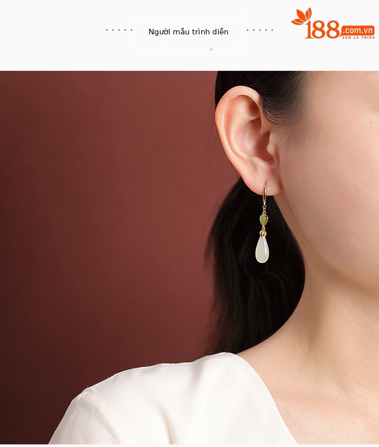 Bông tai bạc S925 mạ vàng đính ngọc Hetian hình giọt nước phong cách cổ điển — Mẫu bạc chi tiết 8