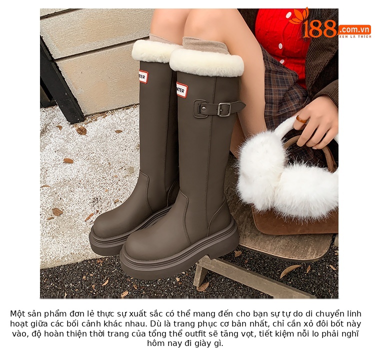 Boot nữ cổ cao ôm bắp chân lót lông cừu ấm áp đế dày da bò — màu đen chi tiết 4