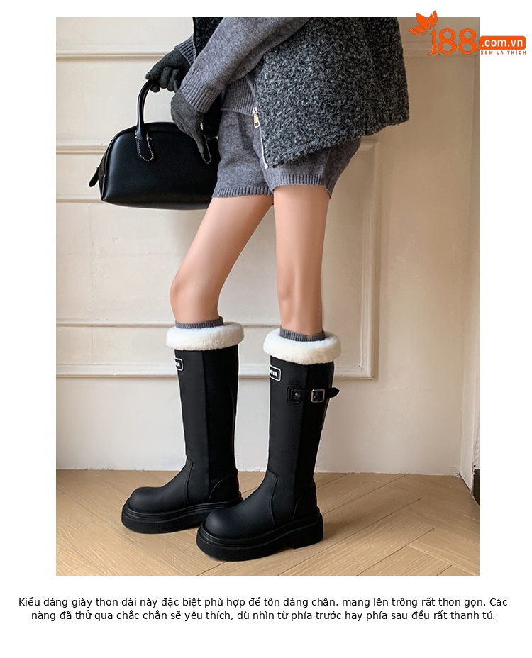 Boot nữ cổ cao ôm bắp chân lót lông cừu ấm áp đế dày da bò — màu đen chi tiết 5