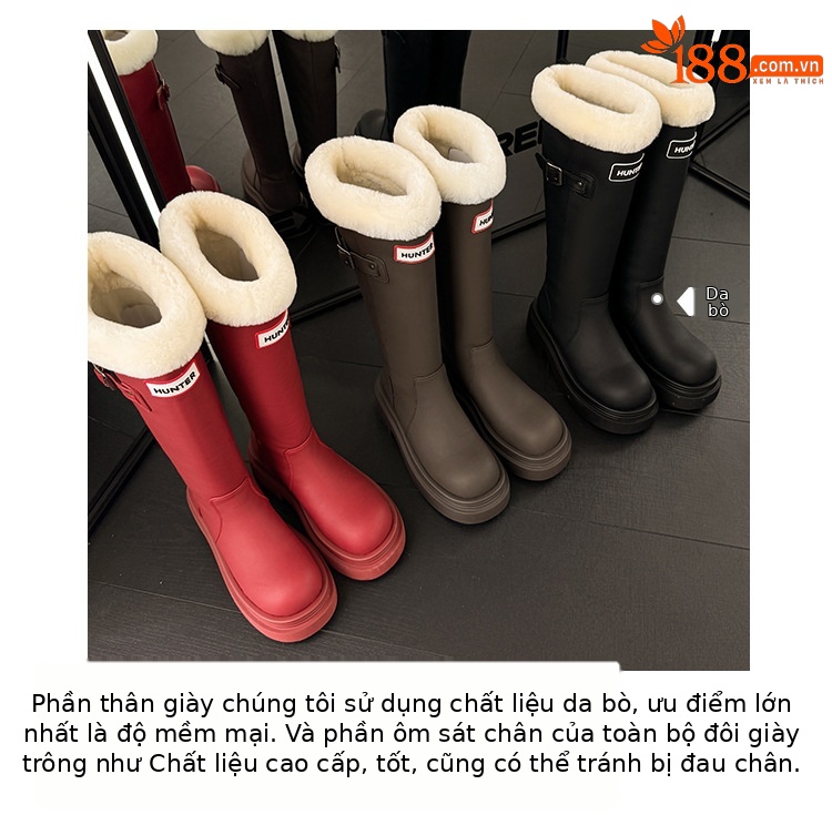 Boot nữ cổ cao ôm bắp chân lót lông cừu ấm áp đế dày da bò — màu đen chi tiết 7