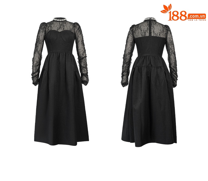 Đầm maxi nữ cổ tròn đính đá thắt eo phong cách Hepburn dáng xòe dài — màu đen chi tiết 3