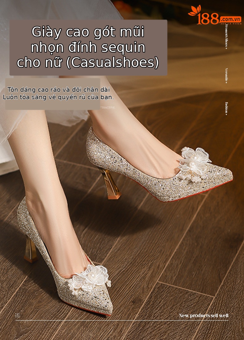 Giày cao gót mũi nhọn đính hoa sequin một dây stiletto — sâm panh chi tiết 1