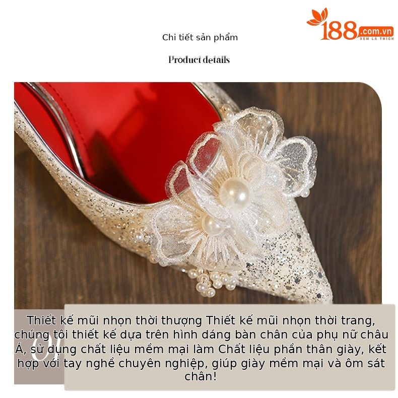 Giày cao gót mũi nhọn đính hoa sequin một dây stiletto — sâm panh chi tiết 4