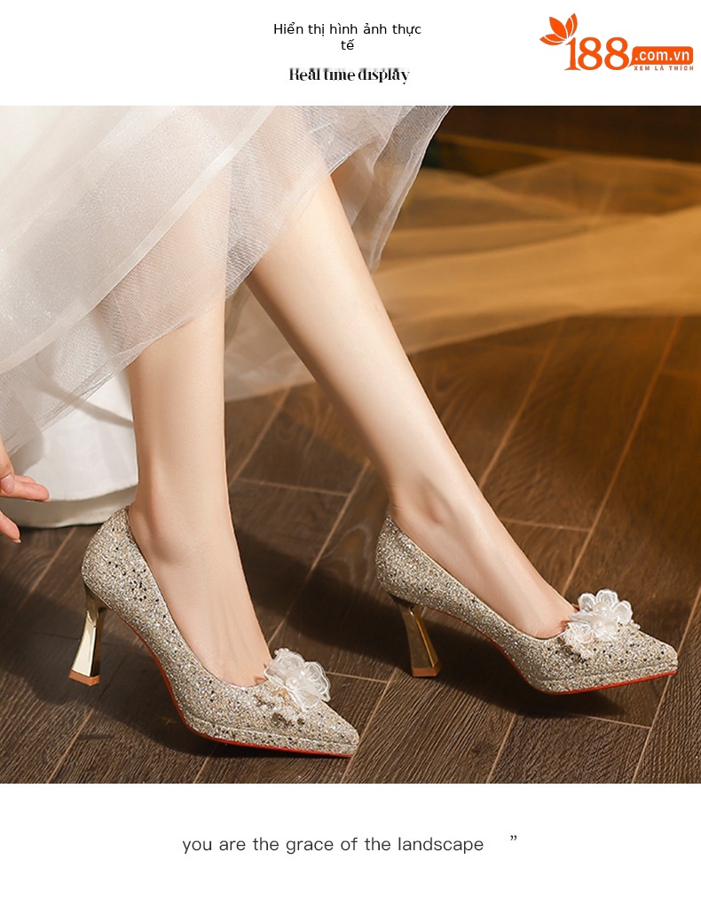 Giày cao gót mũi nhọn đính hoa sequin một dây stiletto — sâm panh chi tiết 6
