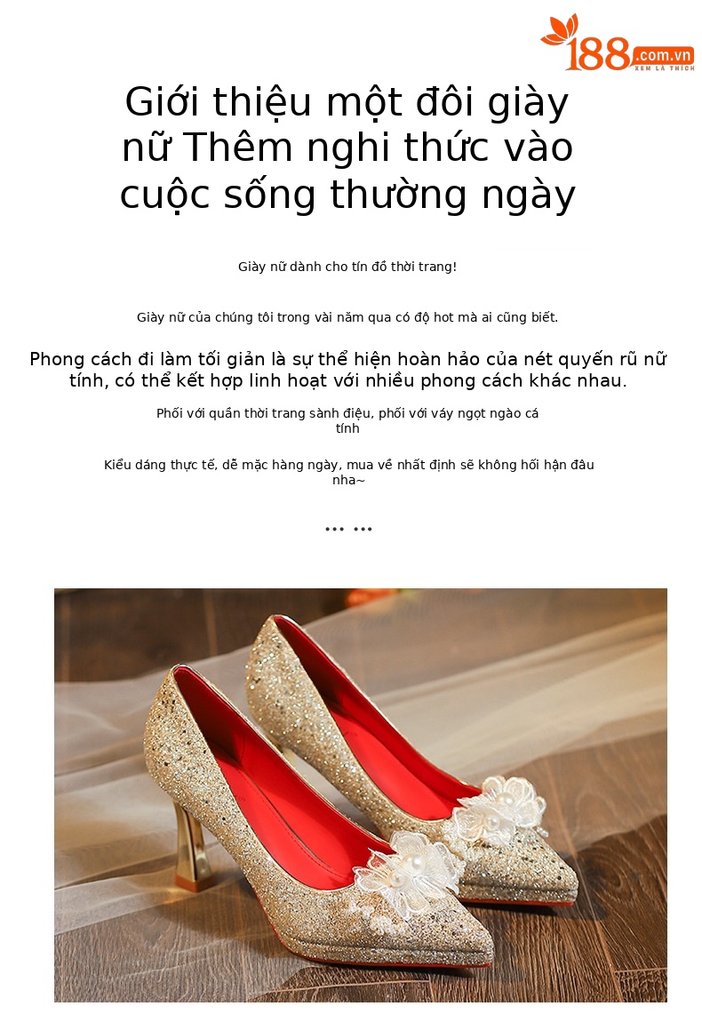 Giày cao gót mũi nhọn đính hoa sequin một dây stiletto — sâm panh chi tiết 2