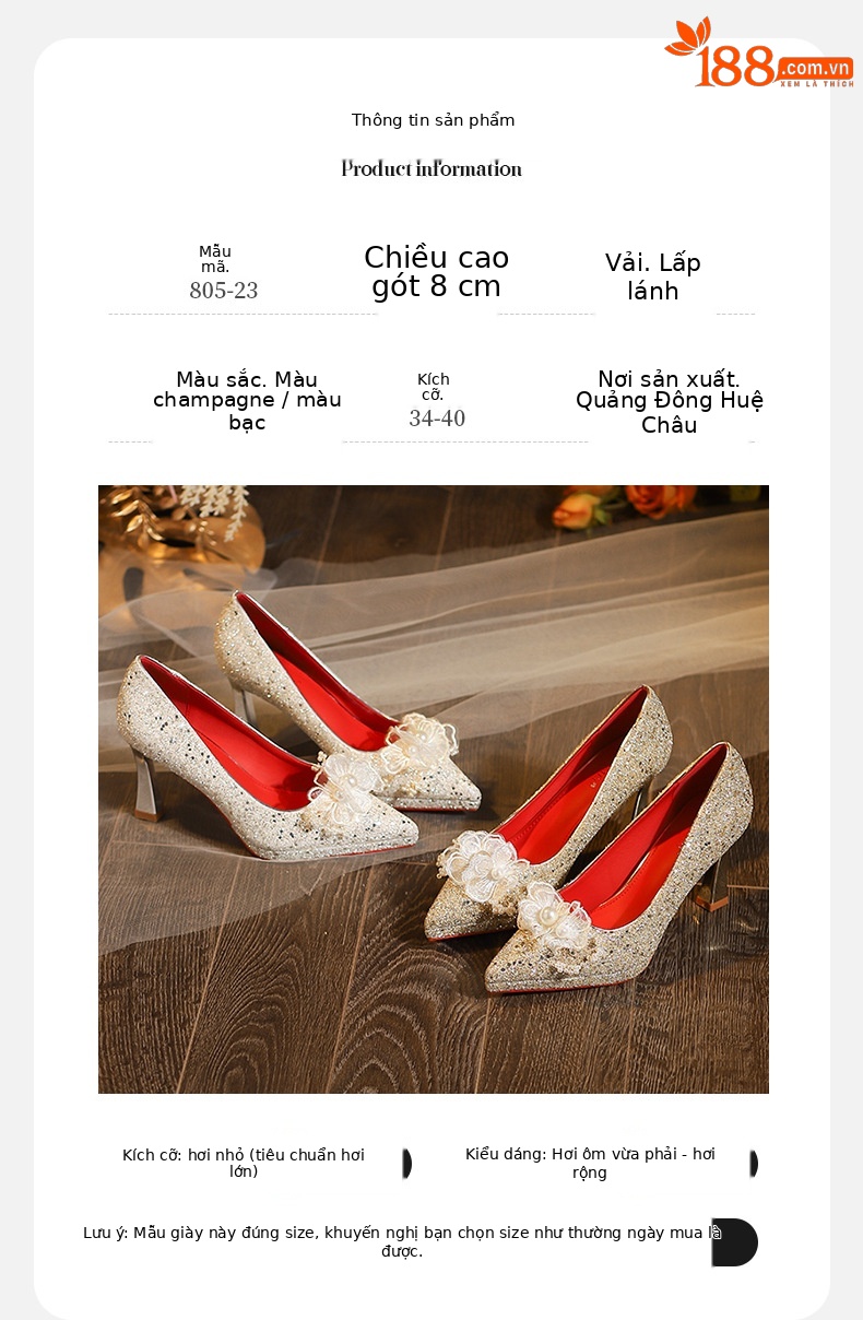Giày cao gót mũi nhọn đính hoa sequin một dây stiletto — sâm panh chi tiết 3