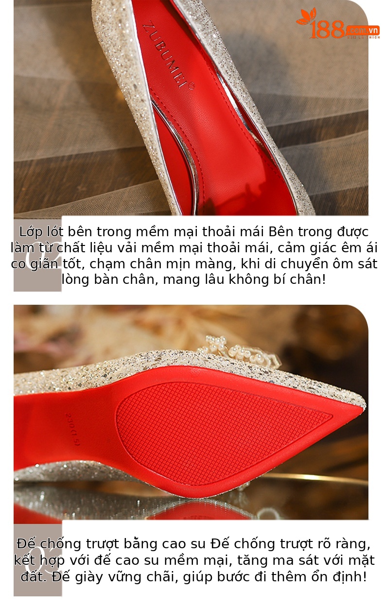 Giày cao gót mũi nhọn đính hoa sequin một dây stiletto — sâm panh chi tiết 5