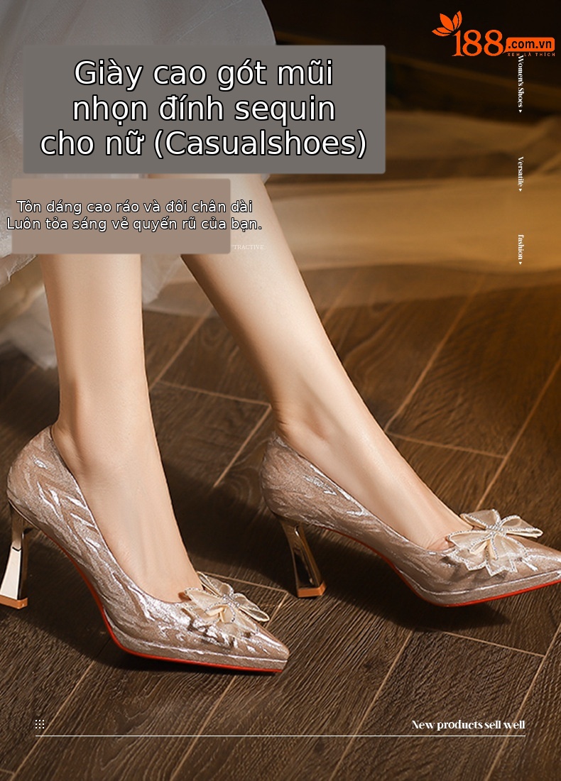 Giày cao gót nữ mũi nhọn đế xuồng đính sequin — sâm panh chi tiết 1