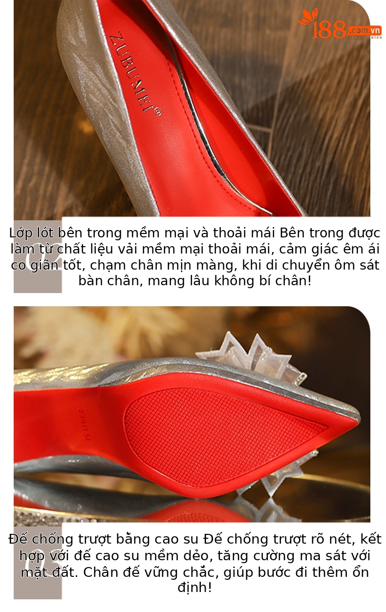Giày cao gót nữ mũi nhọn đế xuồng đính sequin — sâm panh chi tiết 5