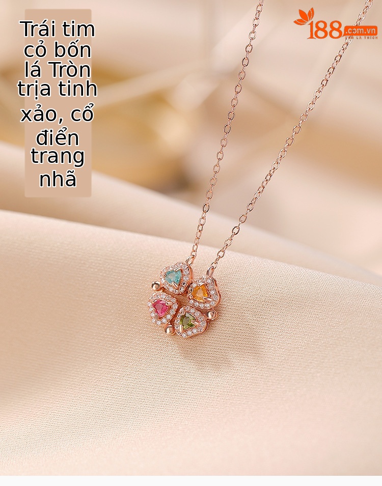 Mặt dây chuyền hình cỏ bốn lá tourmaline mạ vàng hồng bạc S925 kèm vòng cổ từ tính hình trái tim zirconium — Một mảnh (màu ngẫu nhiên của tourmaline) (bao gồm cả dây chuyền) chi tiết 1