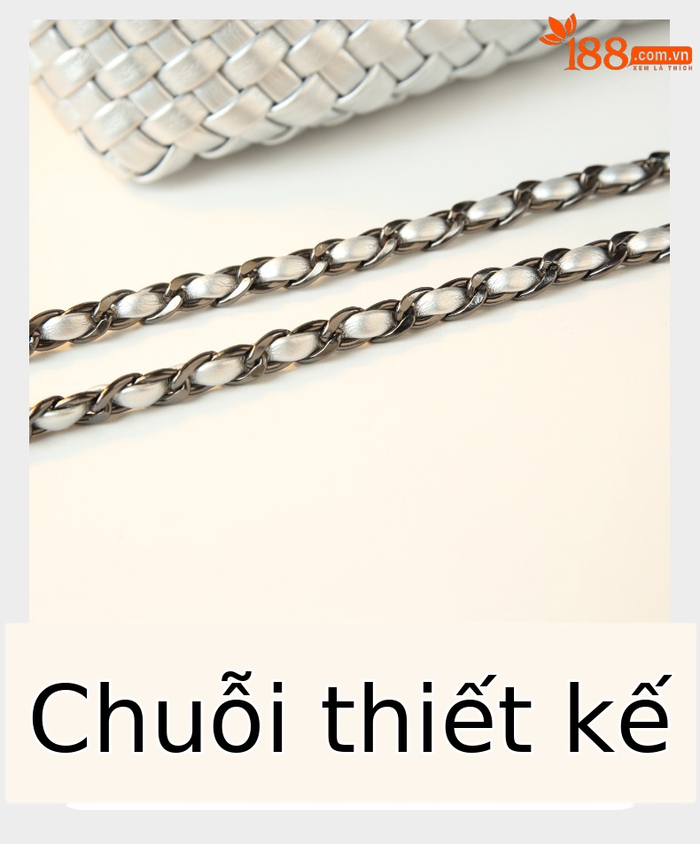 Túi đeo chéo mini dệt da thật phong cách đơn giản, dây xích — màu xám đậm, màu xanh băng, Màu vàng kem, Bạc chi tiết 23