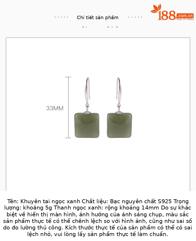 Bông tai bạc S925 đính ngọc Hetian xanh hình học vuông thanh lịch — một cặp chi tiết 3
