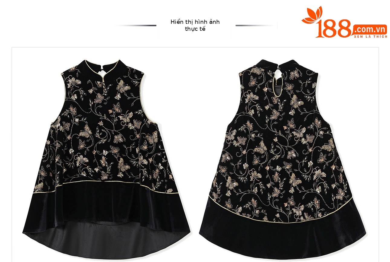 Bộ áo vest không tay thêu sequin đen vàng + chân váy nhung xẻ tà phong cách Trung Quốc mùa xuân hè — váy, áo vest chi tiết 16