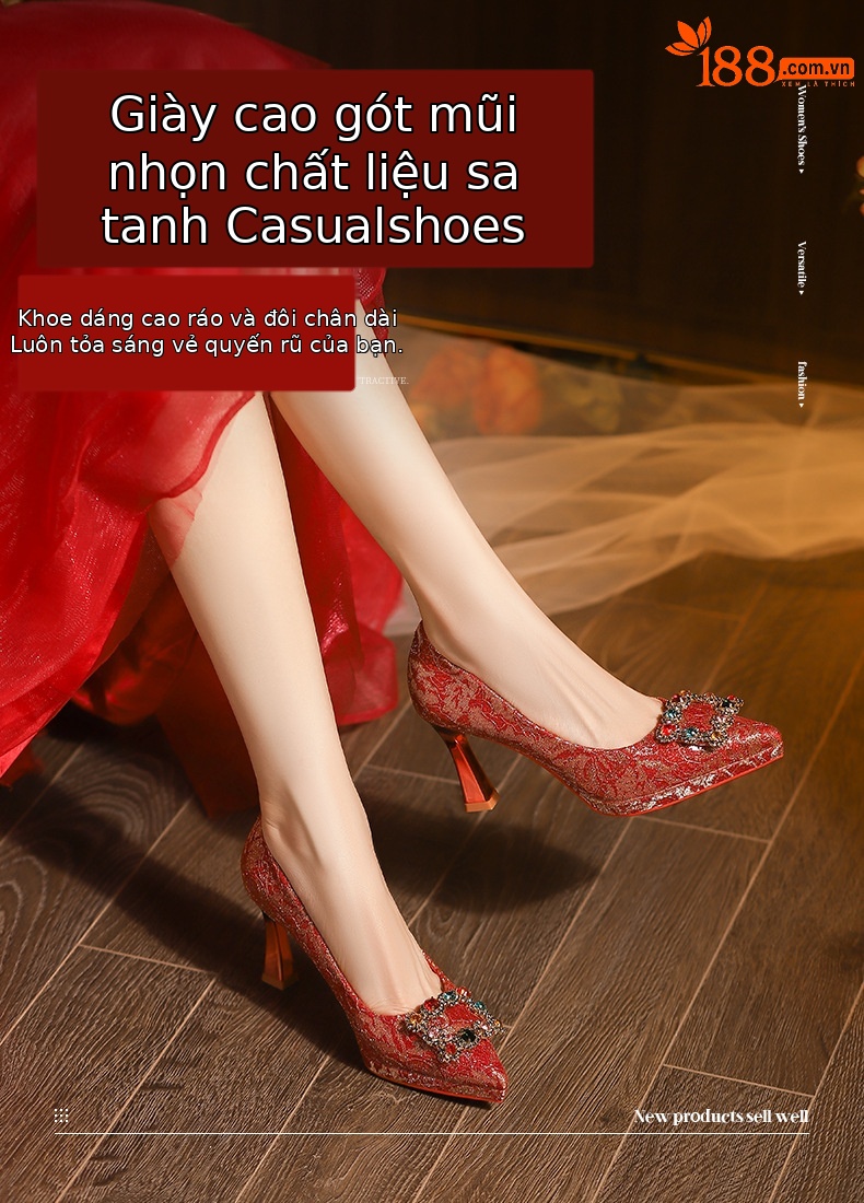 Giày cưới cao cấp mũi nhọn gót cao đế xuồng chống thấm kiểu stiletto — satin đỏ chi tiết 1