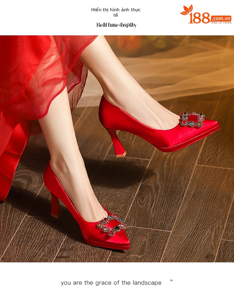 Giày cưới cao cấp mũi nhọn gót cao đế xuồng chống thấm kiểu stiletto — satin đỏ chi tiết 5