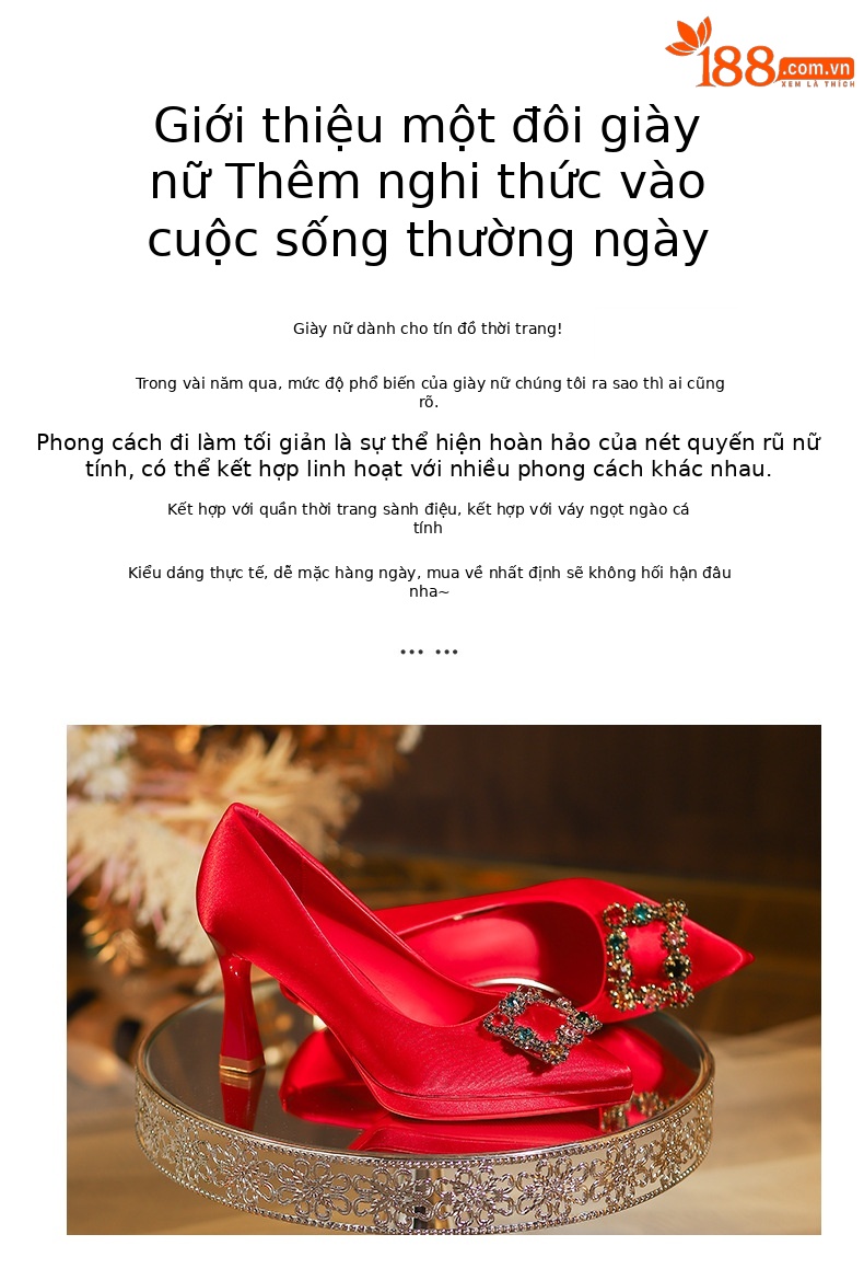 Giày cưới cao cấp mũi nhọn gót cao đế xuồng chống thấm kiểu stiletto — satin đỏ chi tiết 2