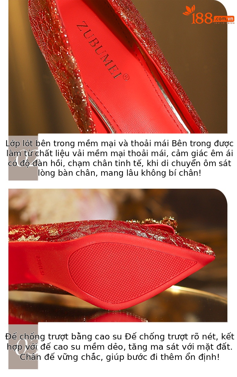 Giày cưới cao cấp mũi nhọn gót cao đế xuồng chống thấm kiểu stiletto — satin đỏ chi tiết 4