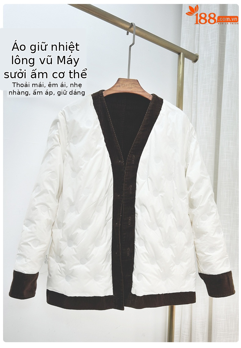 Áo khoác lông vũ ngắn cổ chữ V dáng suông cho nữ — Màu nâu chi tiết 9