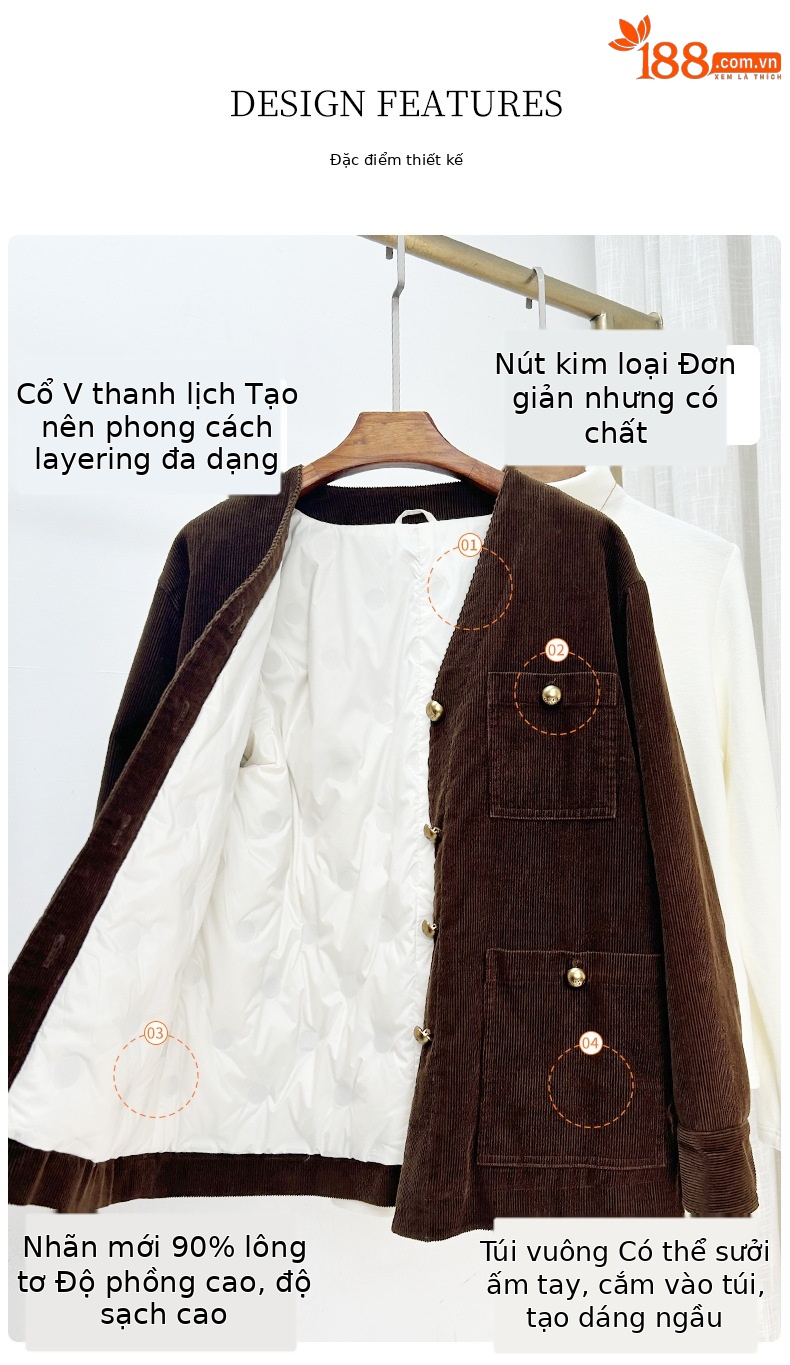 Áo khoác lông vũ ngắn cổ chữ V dáng suông cho nữ — Màu nâu chi tiết 8