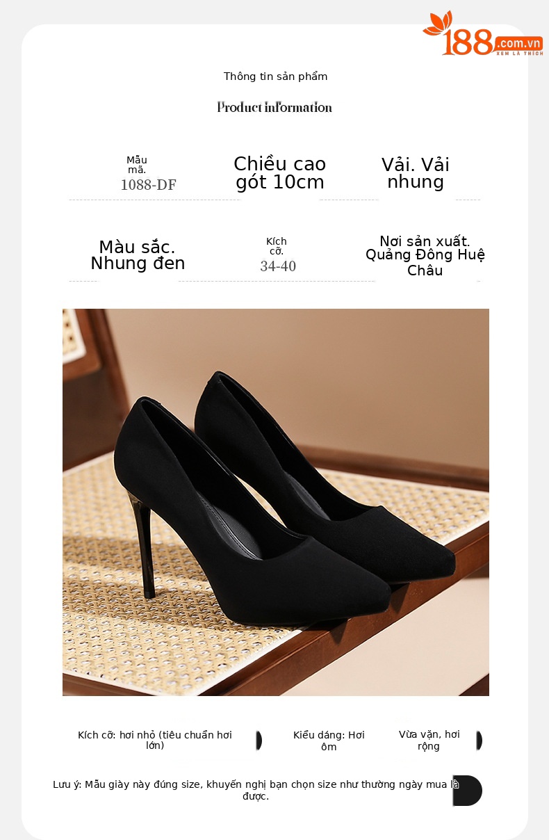 Giày cao gót mũi nhọn nữ tính đế platform gót 8 cm — Nhung đen-8cm chi tiết 3