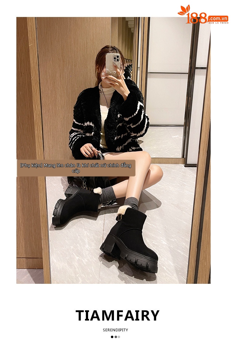 Boot tuyết nữ len thật gót cao đế dày ống ngắn lót lông giữ ấm — màu đen chi tiết 2