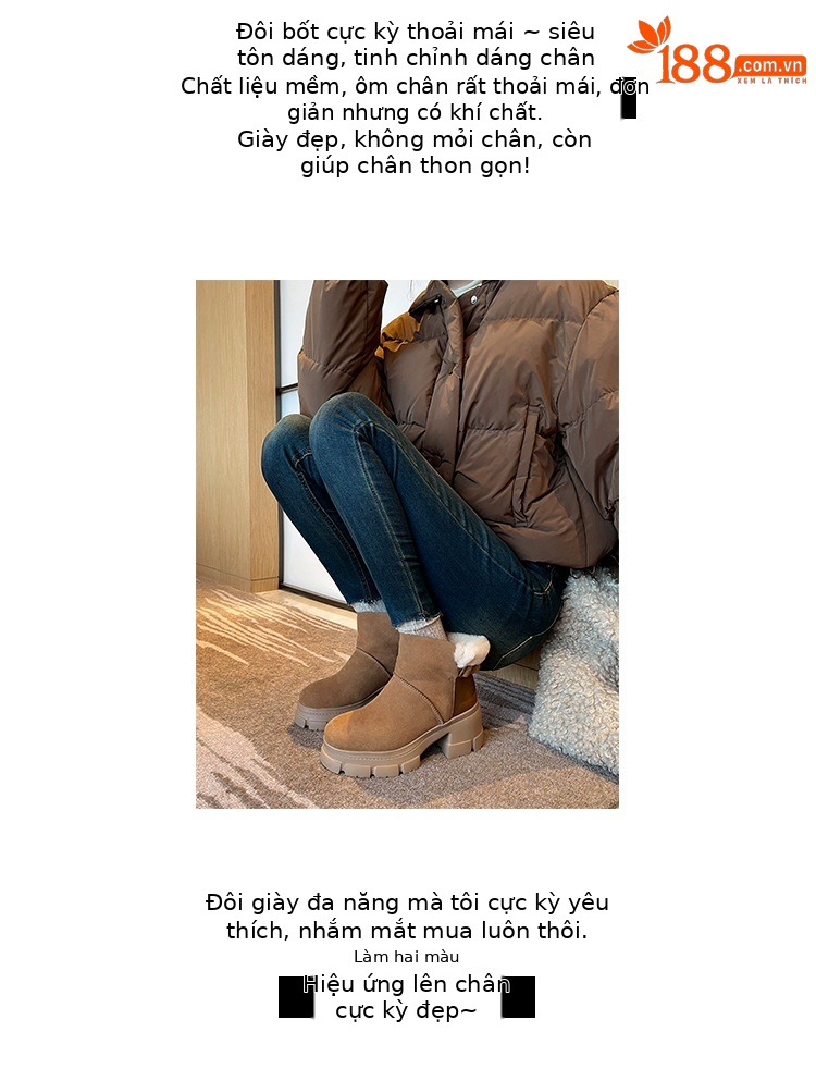 Boot tuyết nữ len thật gót cao đế dày ống ngắn lót lông giữ ấm — màu đen chi tiết 3