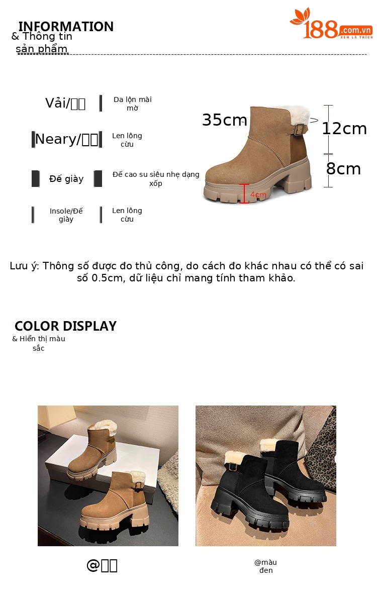 Boot tuyết nữ len thật gót cao đế dày ống ngắn lót lông giữ ấm — màu đen chi tiết 4
