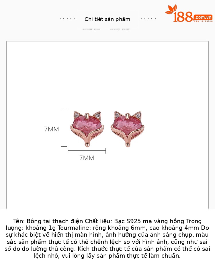 Bông tai bạc S925 mạ vàng hồng đính tourmaline hình cáo phong cách cá tính — Một cặp (màu tourmaline ngẫu nhiên) chi tiết 2