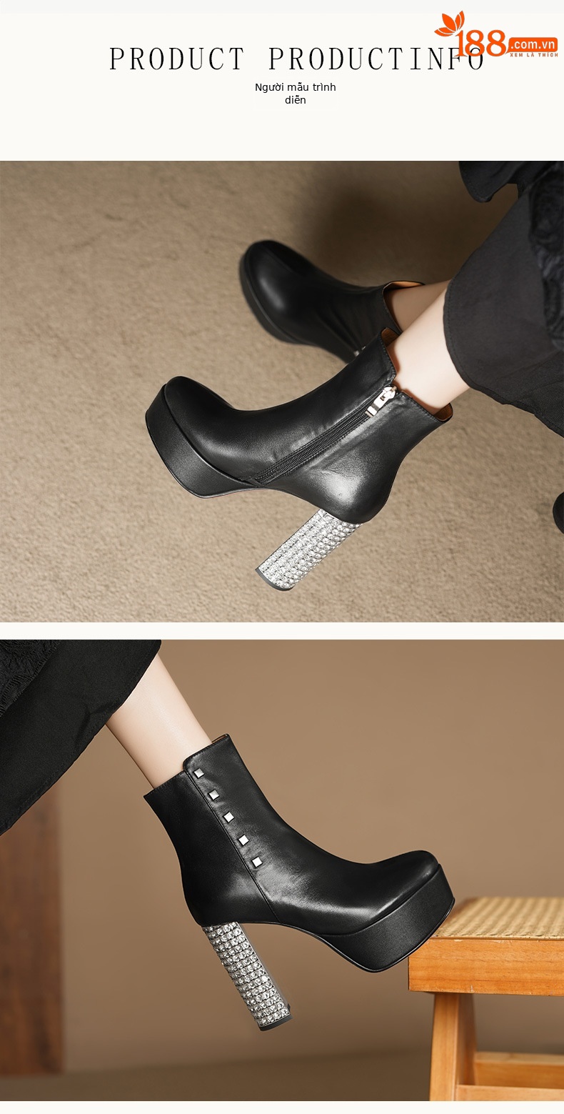 Boot nữ cổ thấp gót siêu cao 11 cm đế platform da bò đầu, đính đá pha lê — Lớp lót nhung đen chi tiết 3