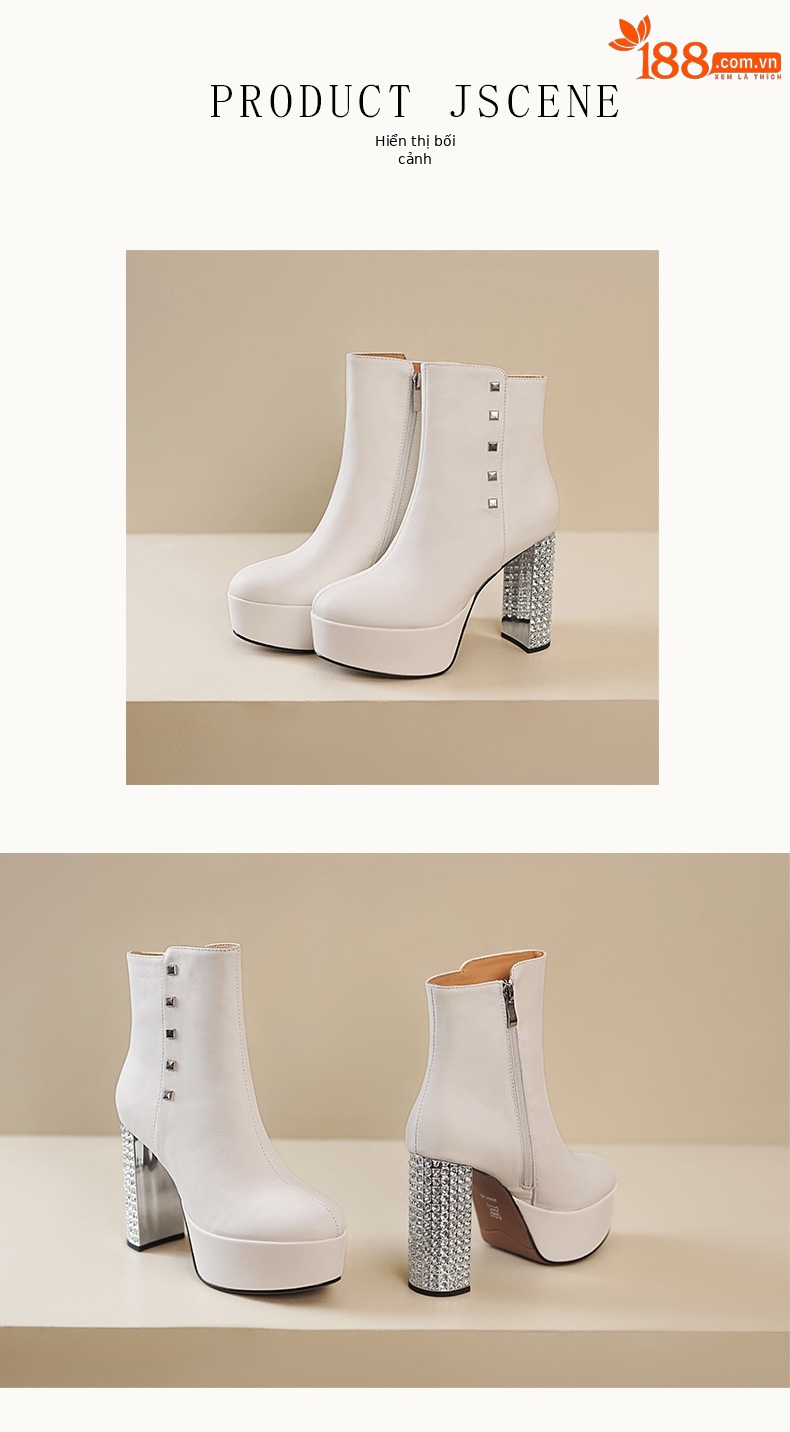 Boot nữ cổ thấp gót siêu cao 11 cm đế platform da bò đầu, đính đá pha lê — Lớp lót nhung đen chi tiết 6