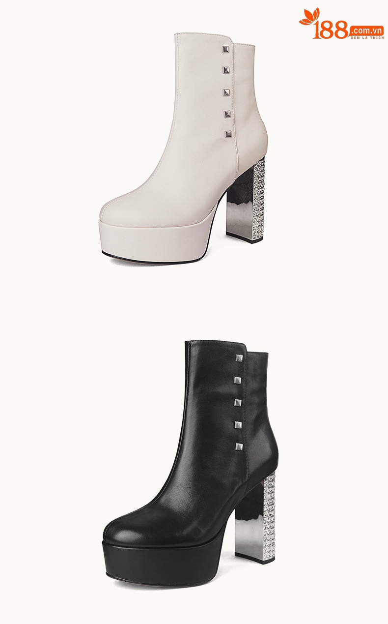 Boot nữ cổ thấp gót siêu cao 11 cm đế platform da bò đầu, đính đá pha lê — Lớp lót nhung đen chi tiết 10