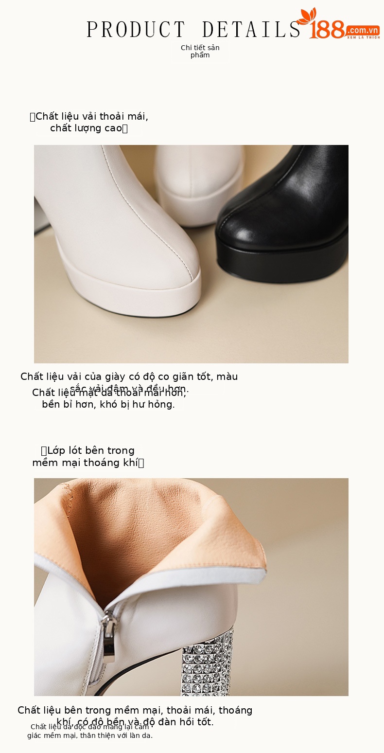 Boot nữ cổ thấp gót siêu cao 11 cm đế platform da bò đầu, đính đá pha lê — Lớp lót nhung đen chi tiết 8