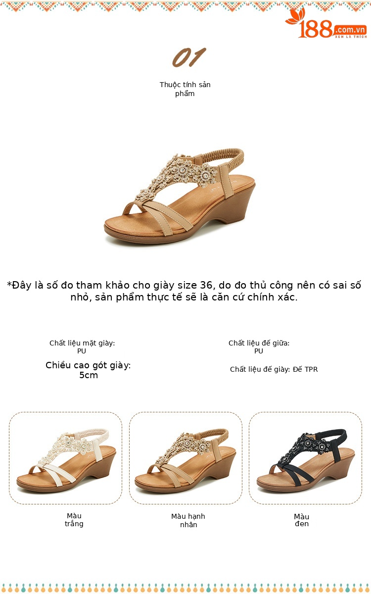 Sandal đế xuồng đính đá hoa nữ gót cao 9 cm — màu đen, trắng, quả mơ chi tiết 2